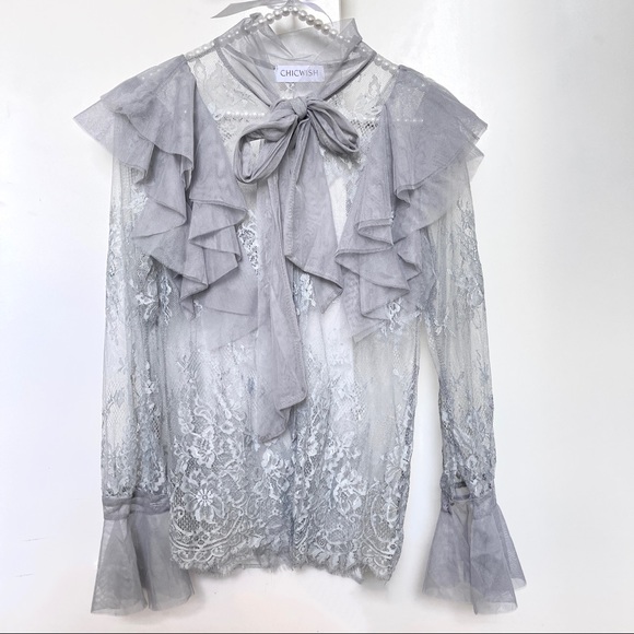 Floral and Ruffle Bowknot Lace Top in Dusty Blue - Picture 2 of 6